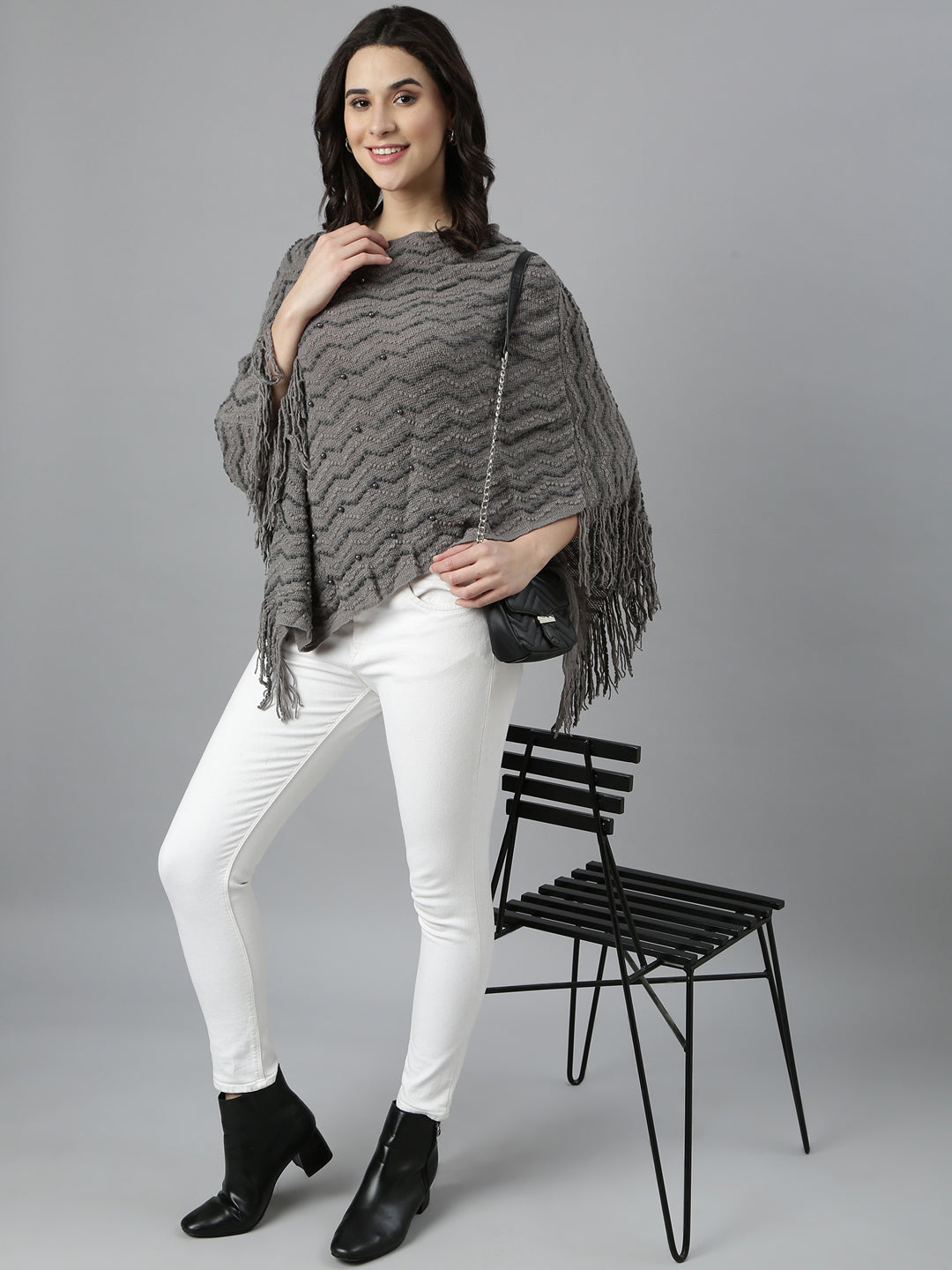 Women Chevron Longline Grey Poncho