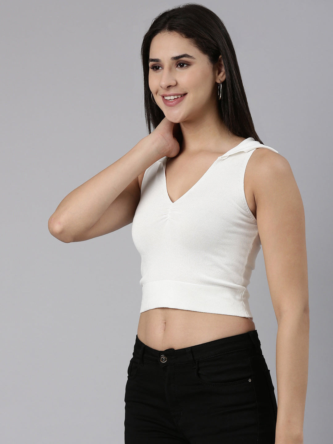 Above the Keyboard Collar Solid White Fitted Crop Top