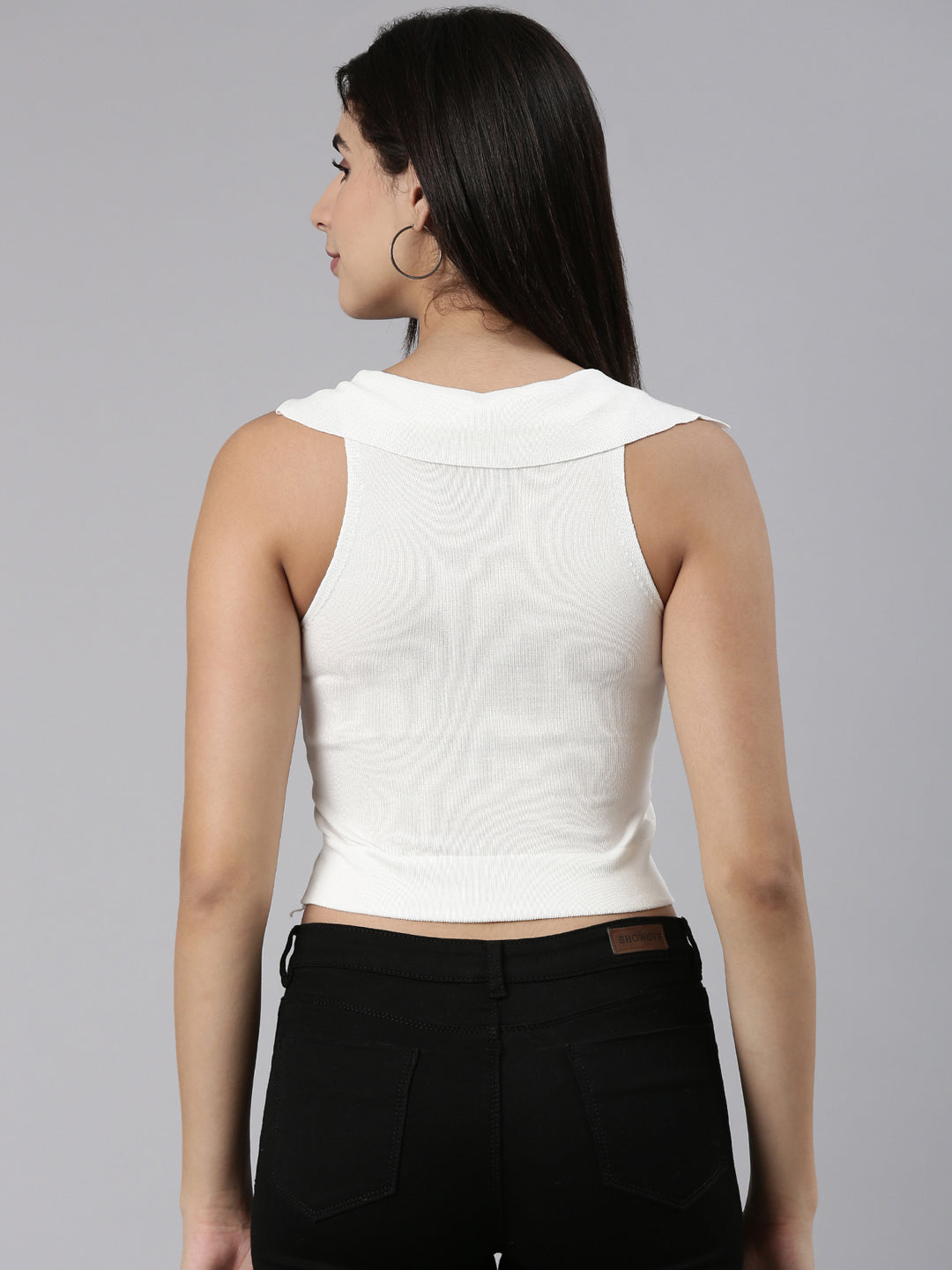 Above the Keyboard Collar Solid White Fitted Crop Top