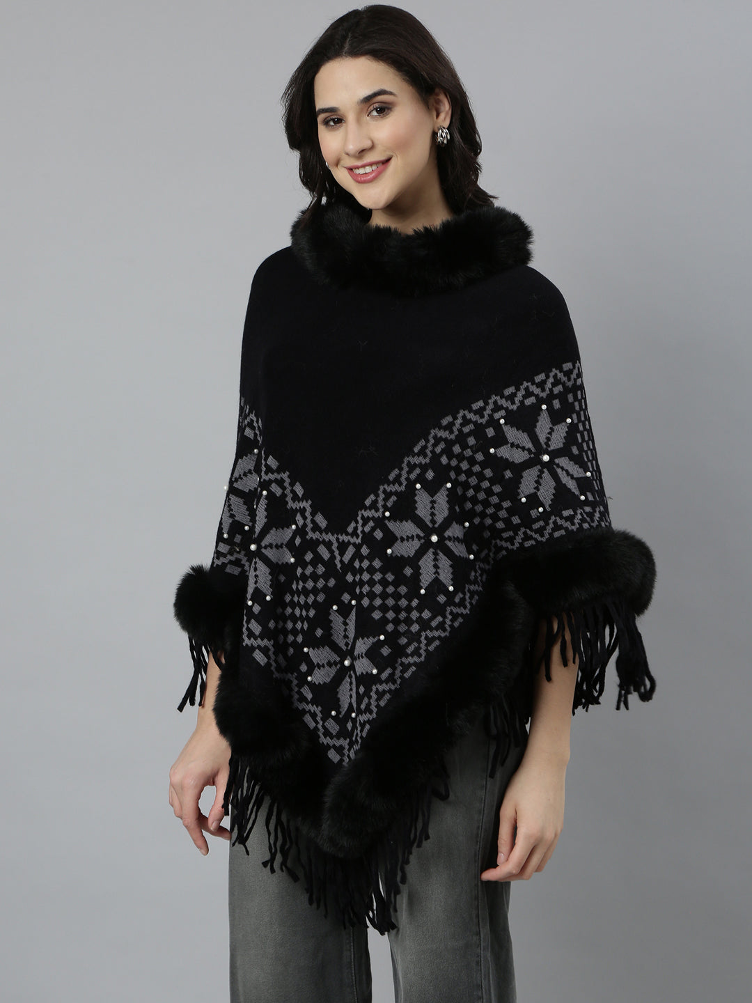 Women Geometric Longline Black Poncho