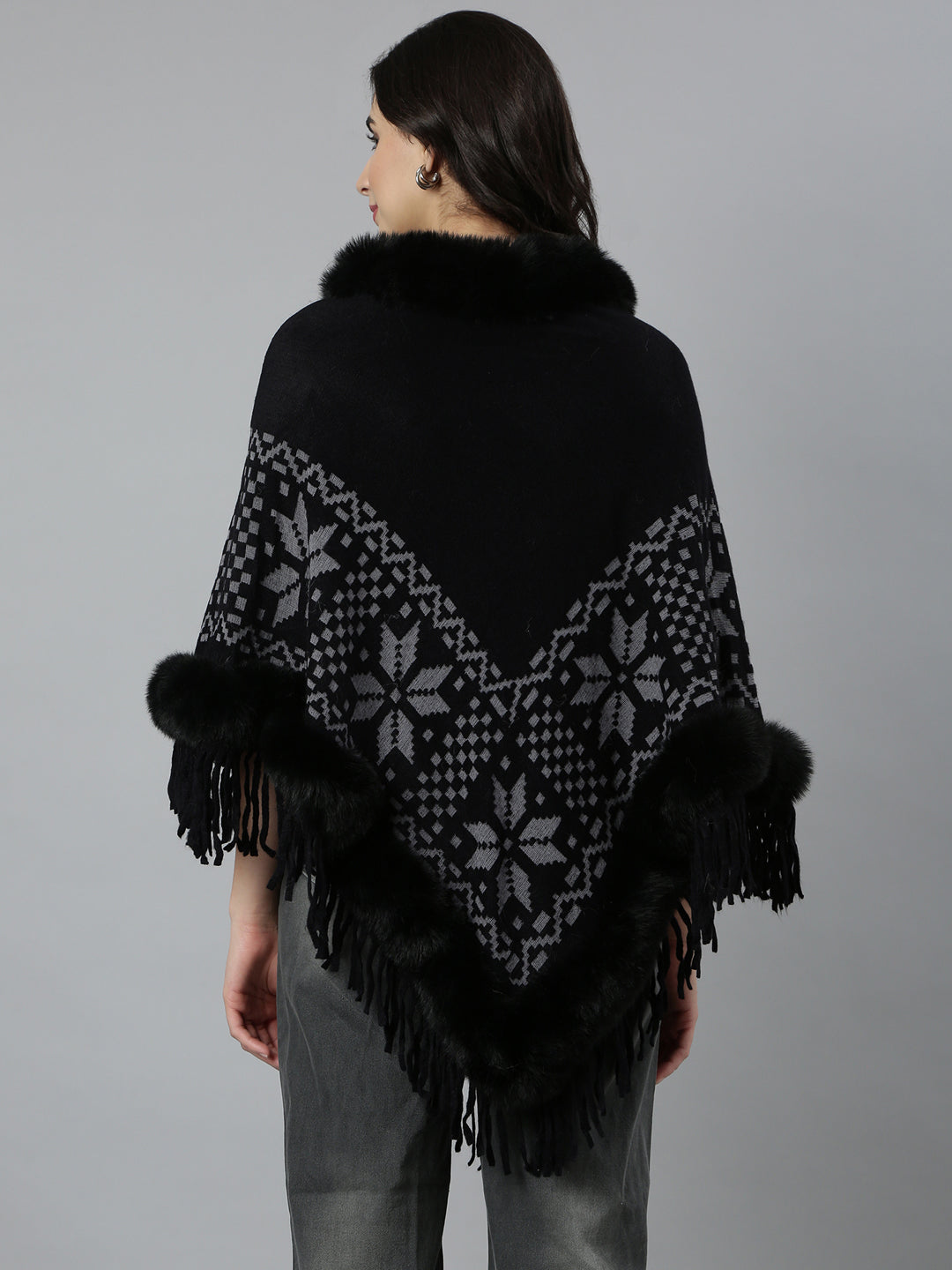 Women Geometric Longline Black Poncho