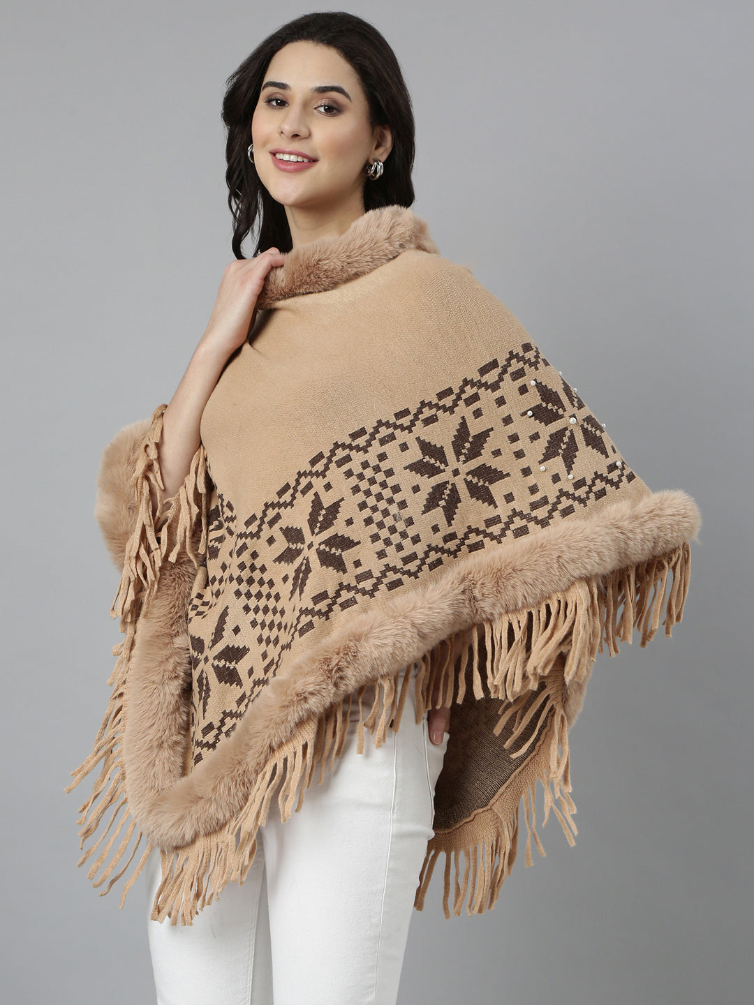 Women Geometric Longline Brown Poncho