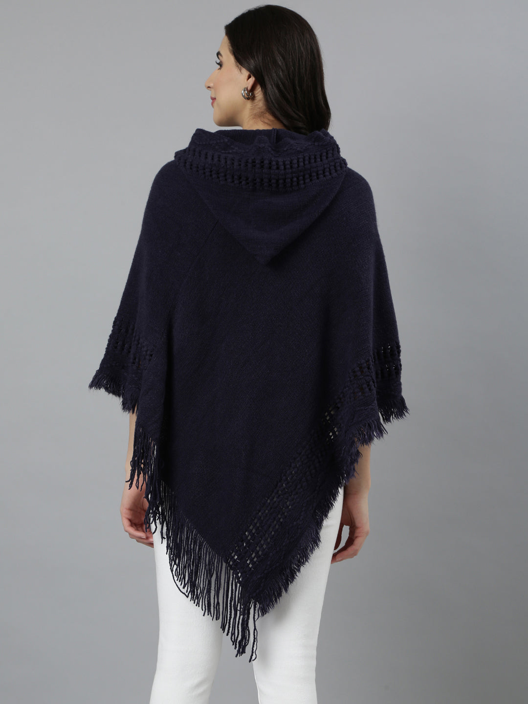 Women Open Knit Longline Navy Blue Poncho