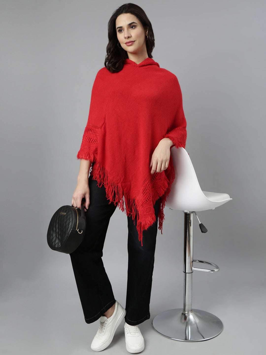 Women Open Knit Longline Red Poncho