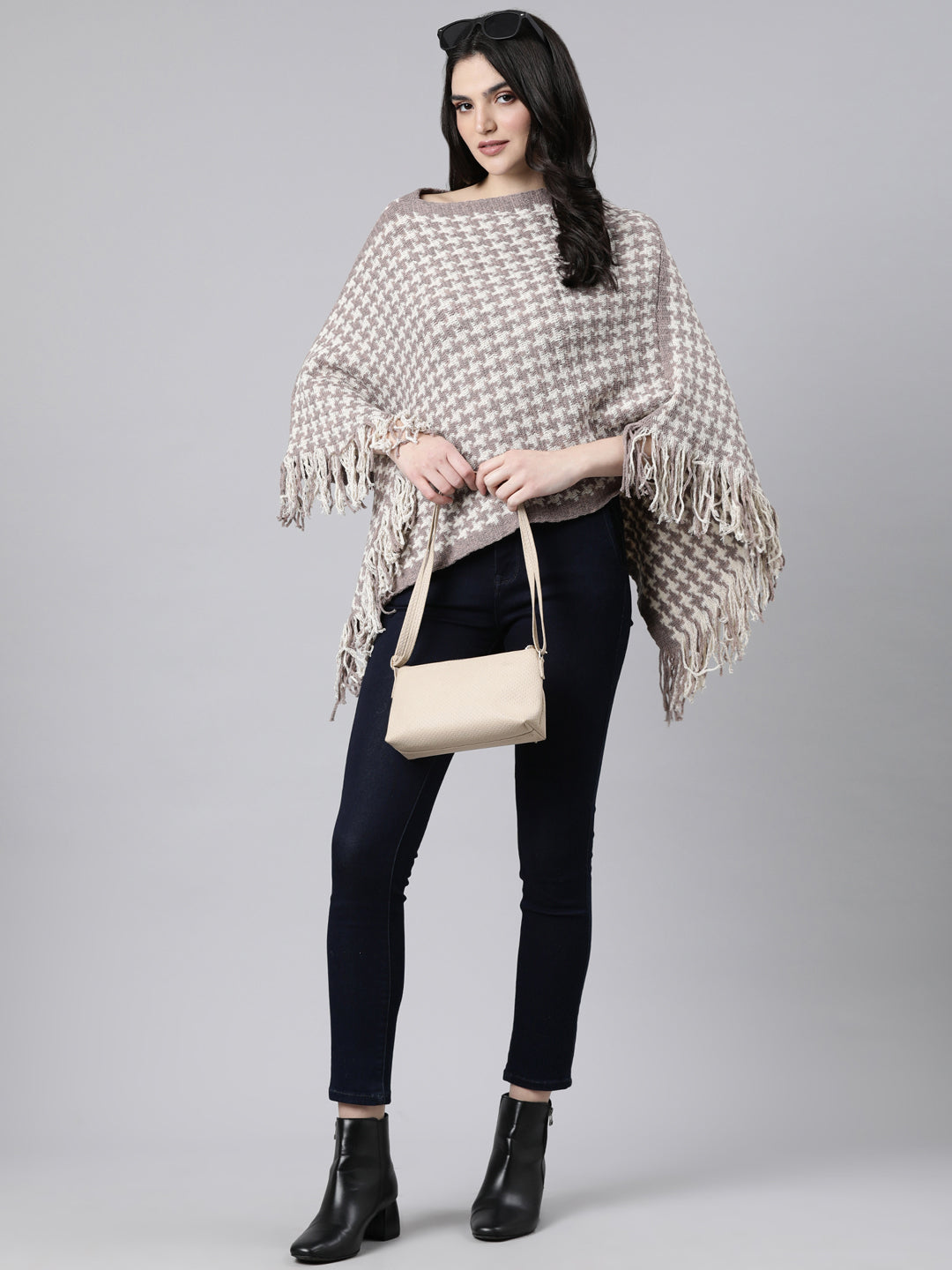 Women Geometric Longline Cream Poncho