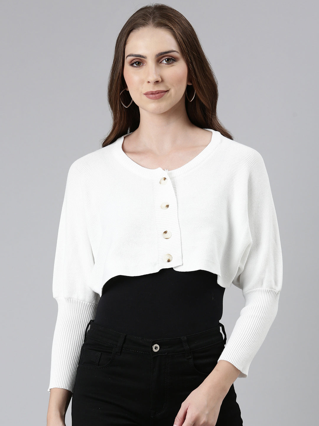 Women White Solid Front-Open Crop Sweater