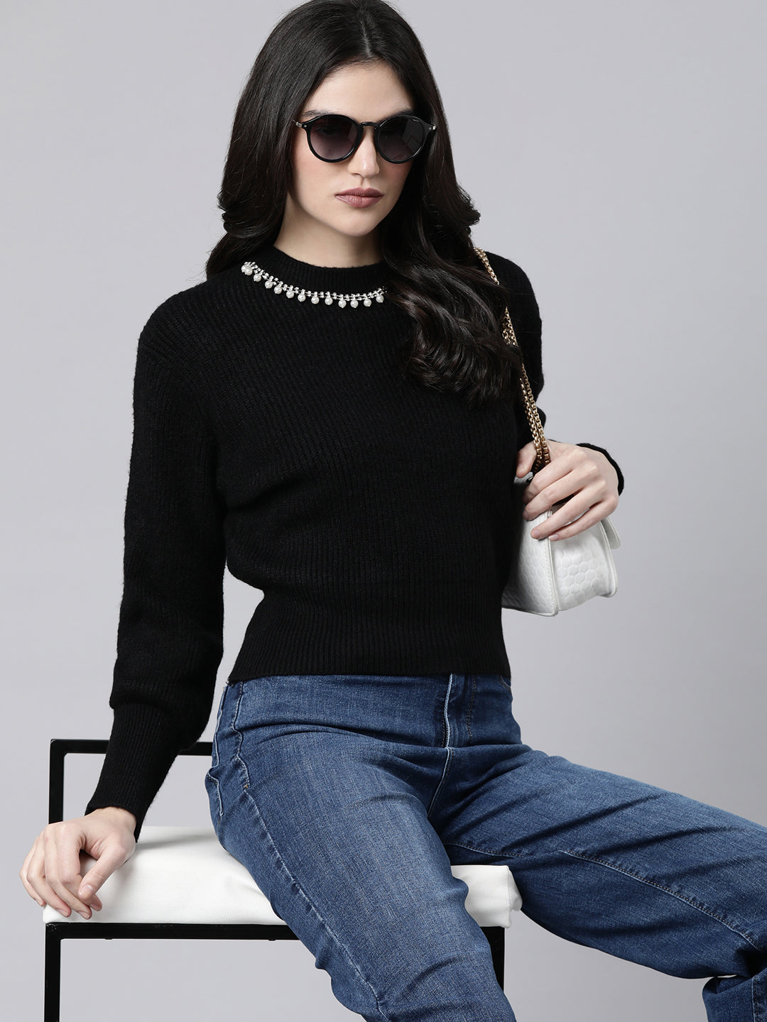 Women Solid Black Pullover