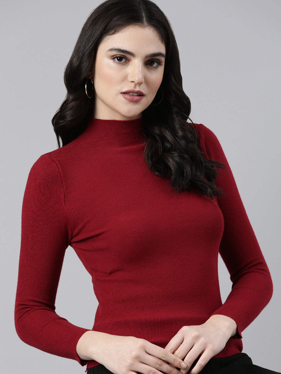 High Neck Solid Regular Sleeves Fitted Maroon Top