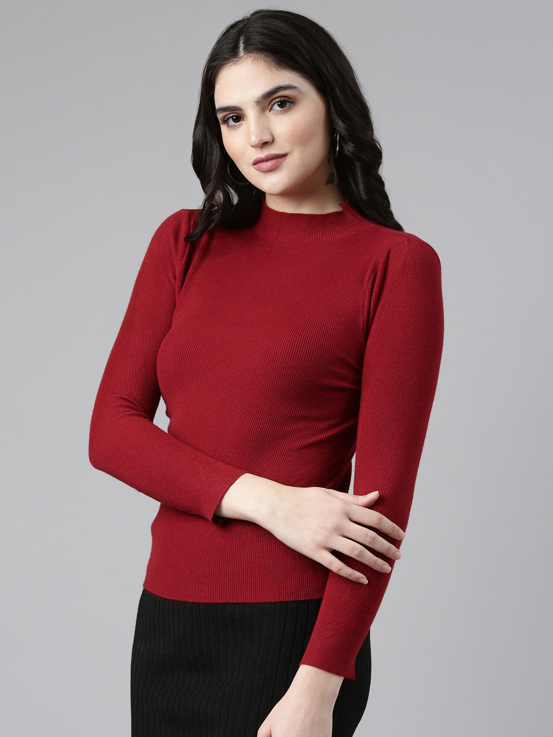 High Neck Solid Regular Sleeves Fitted Maroon Top