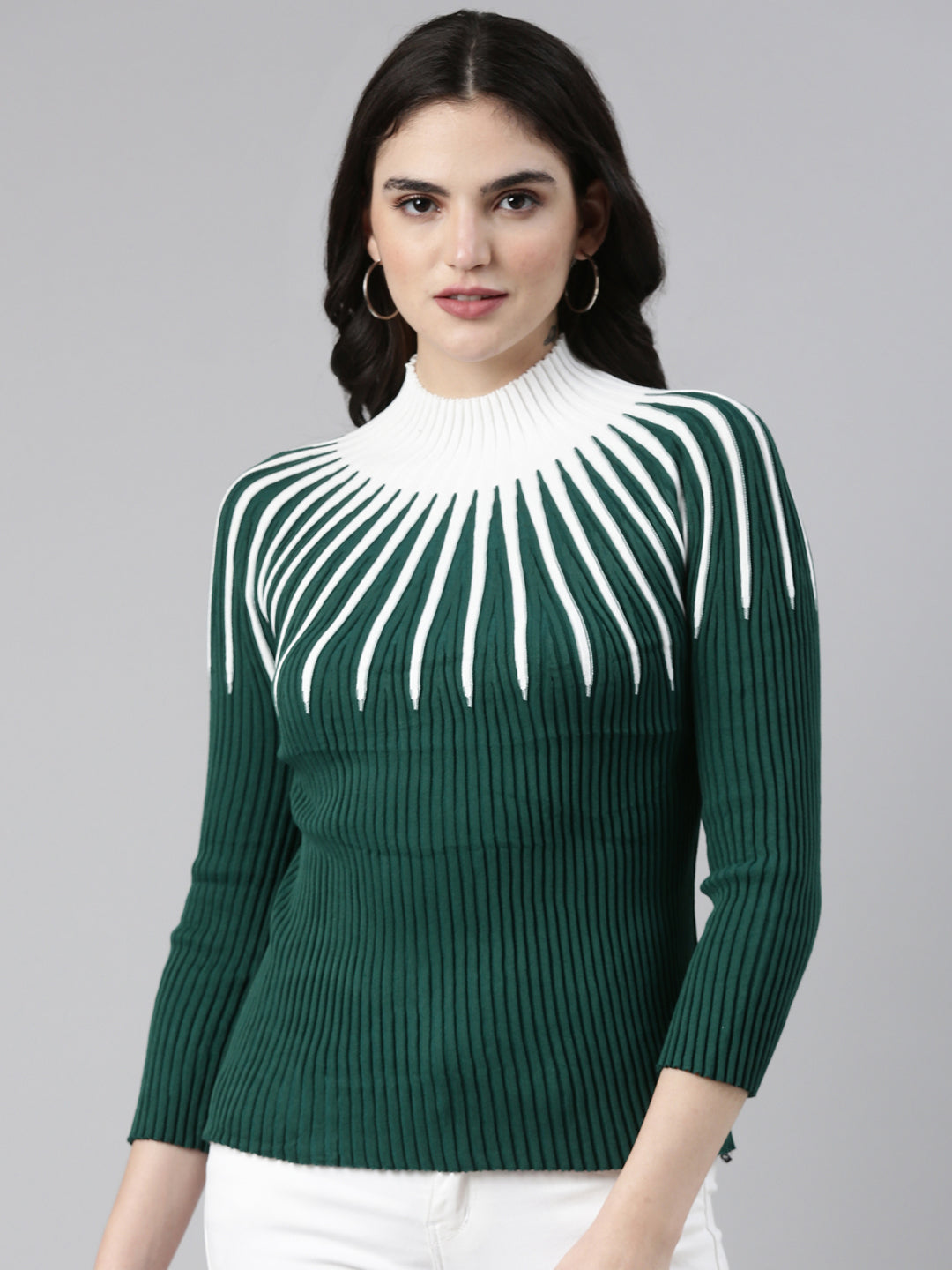 High Neck Self Design Regular Sleeves Fitted Green Top
