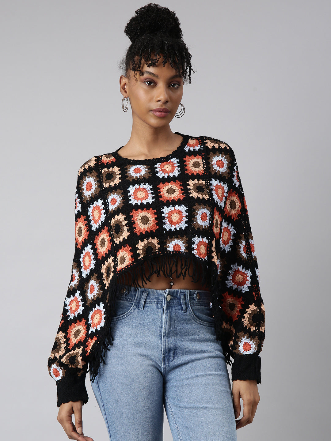Women Black Self Design Cape Crop Crochet Top