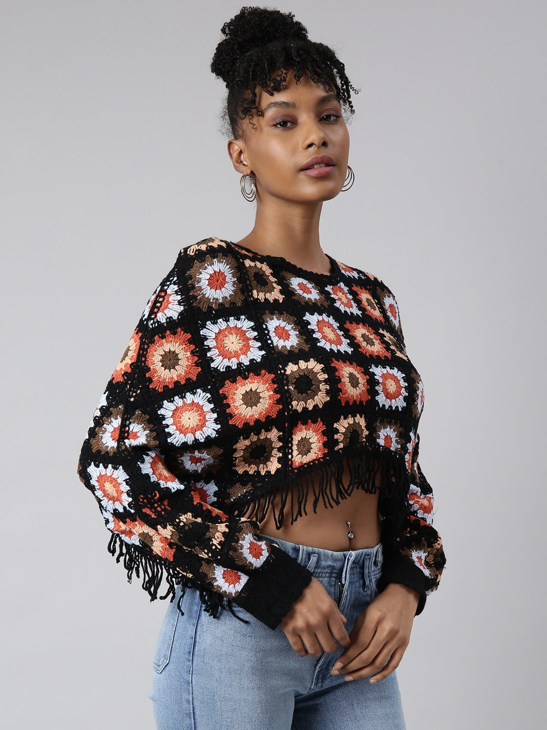 Women Black Self Design Cape Crop Crochet Top