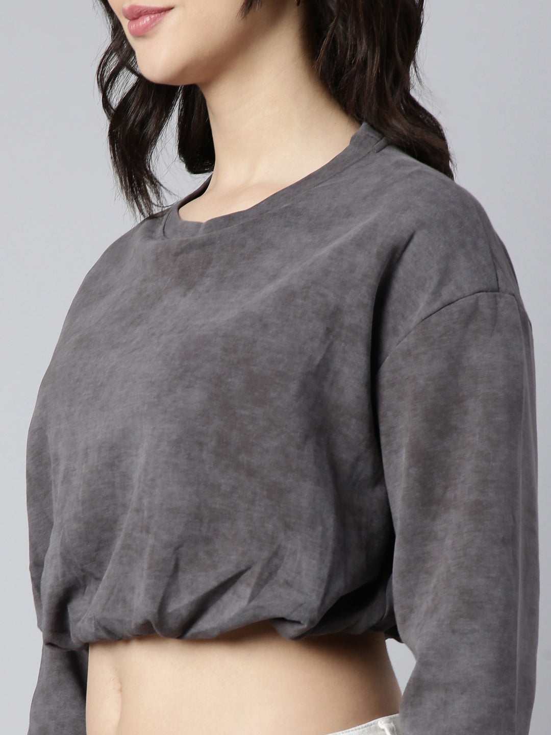 Women Solid Grey Blouson Drop Shoulder Crop Top