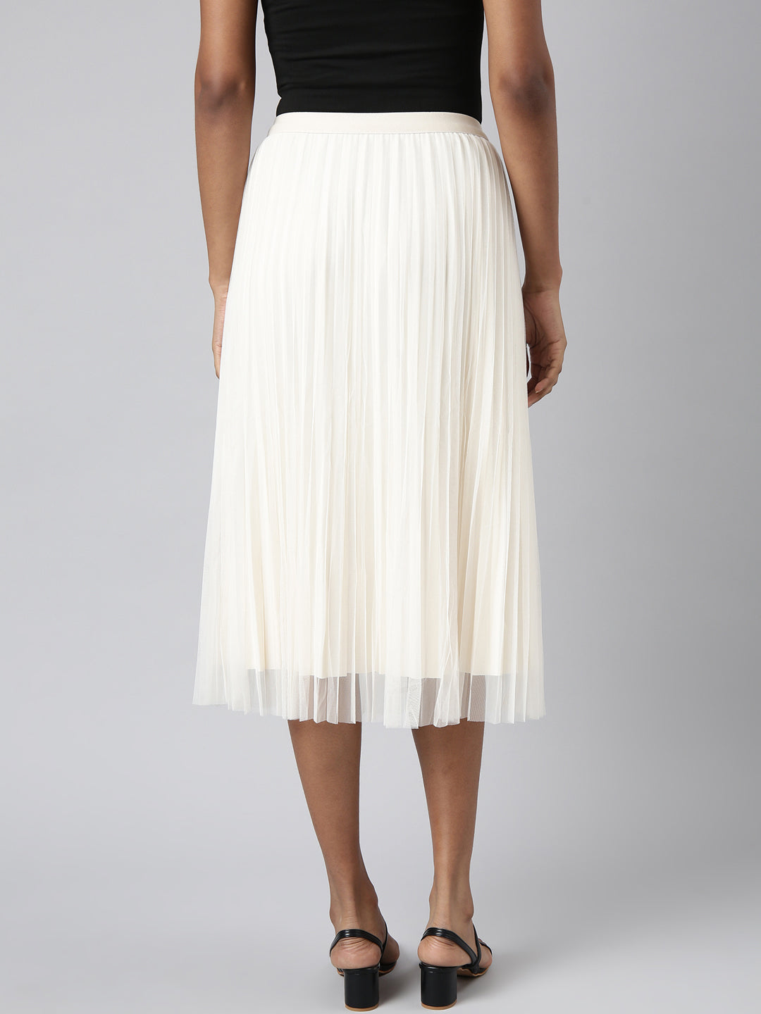 Women Flared Midi Cream Solid Skirt