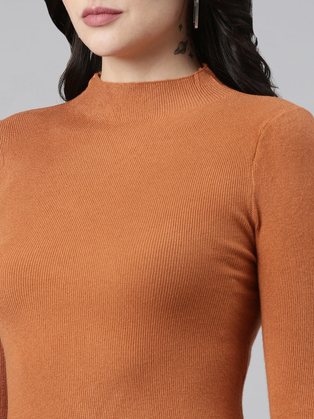 High Neck Solid Regular Sleeves Fitted Camel Brown Top