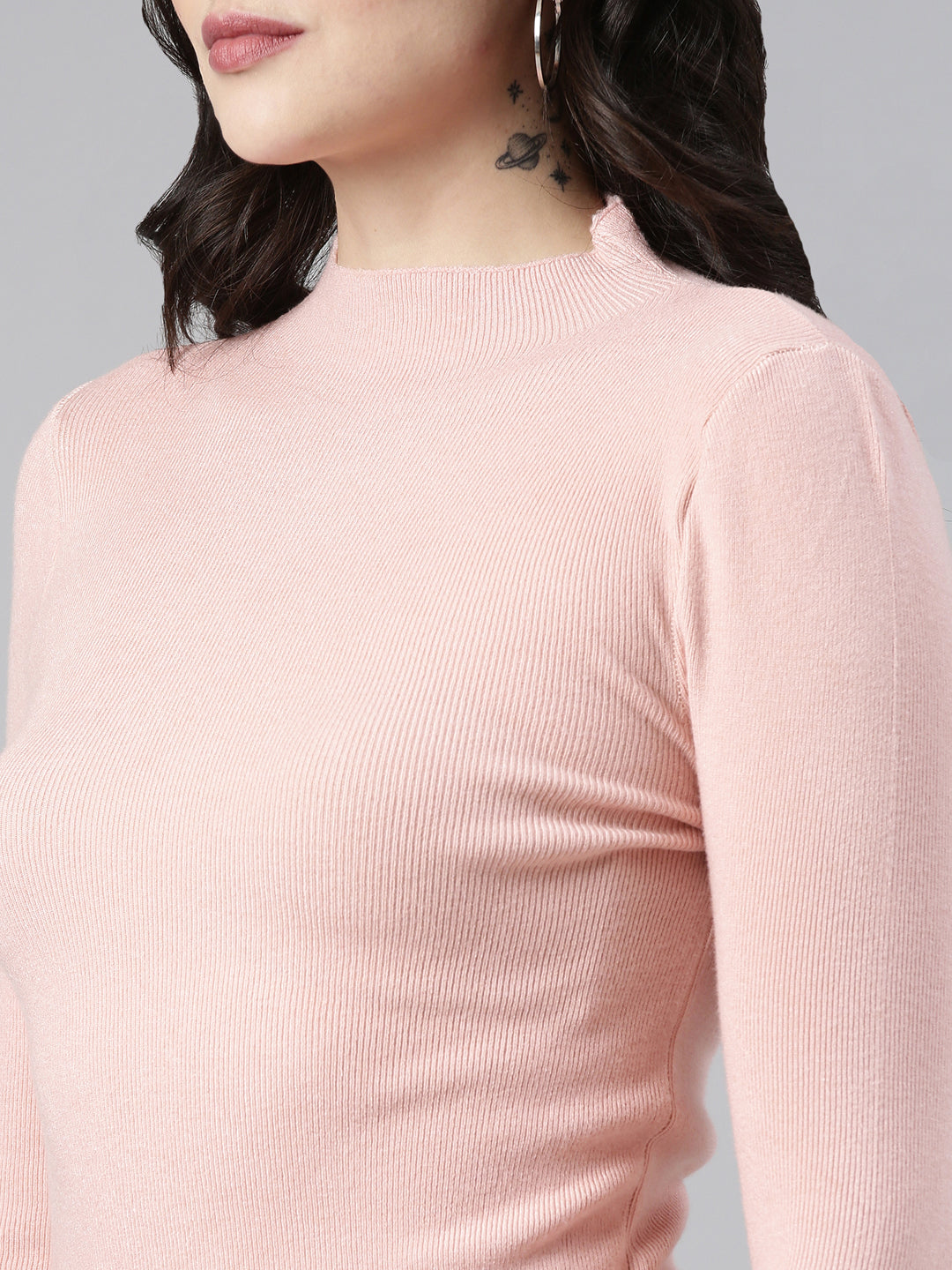 High Neck Solid Regular Sleeves Fitted Pink Top