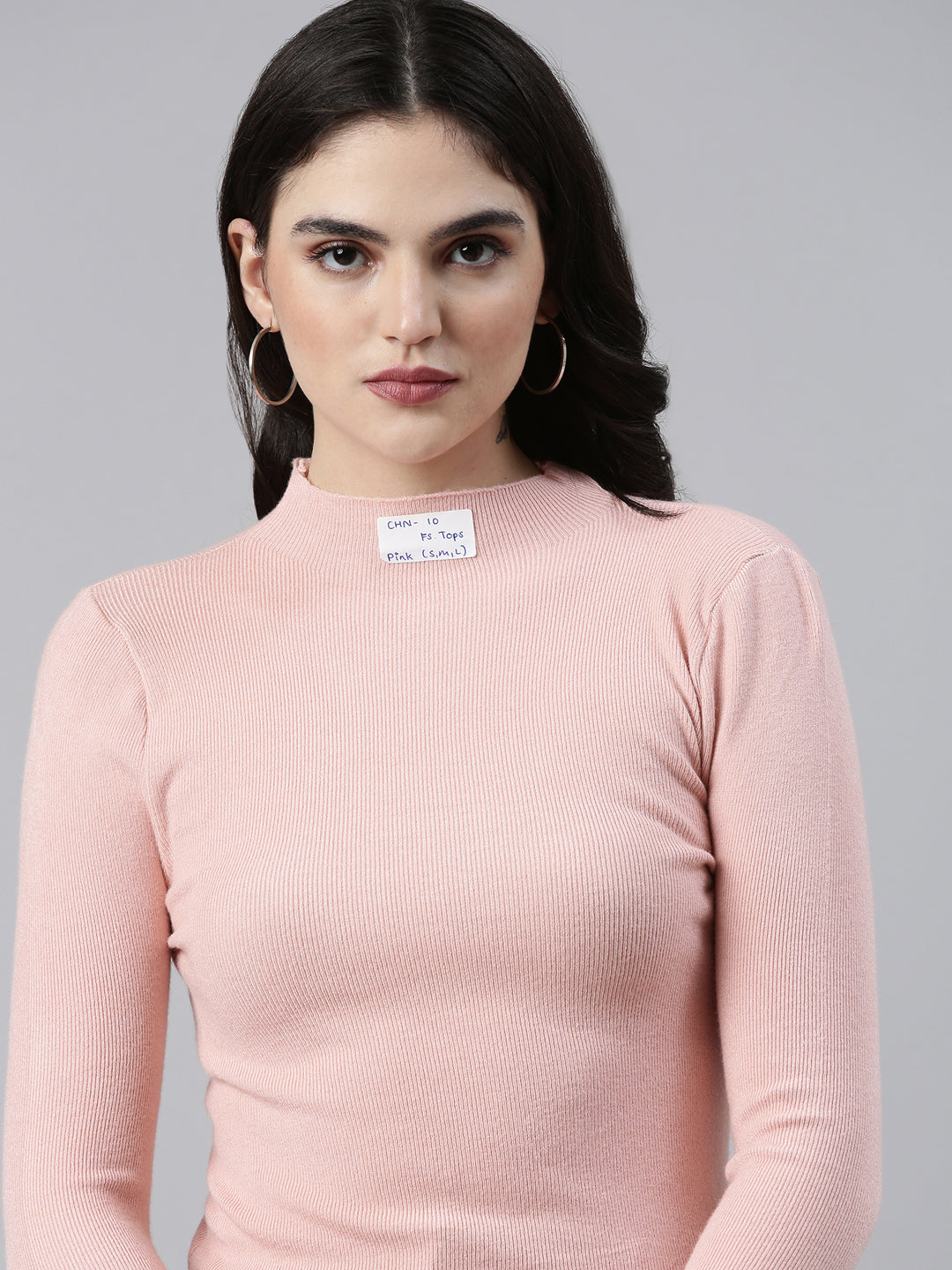 High Neck Solid Regular Sleeves Fitted Pink Top