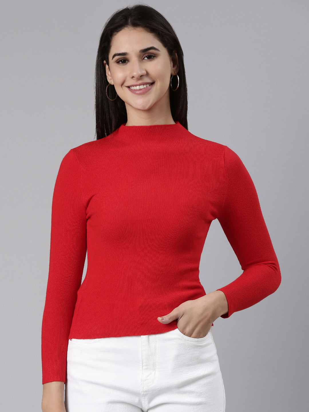 High Neck Solid Regular Sleeves Fitted Red Top