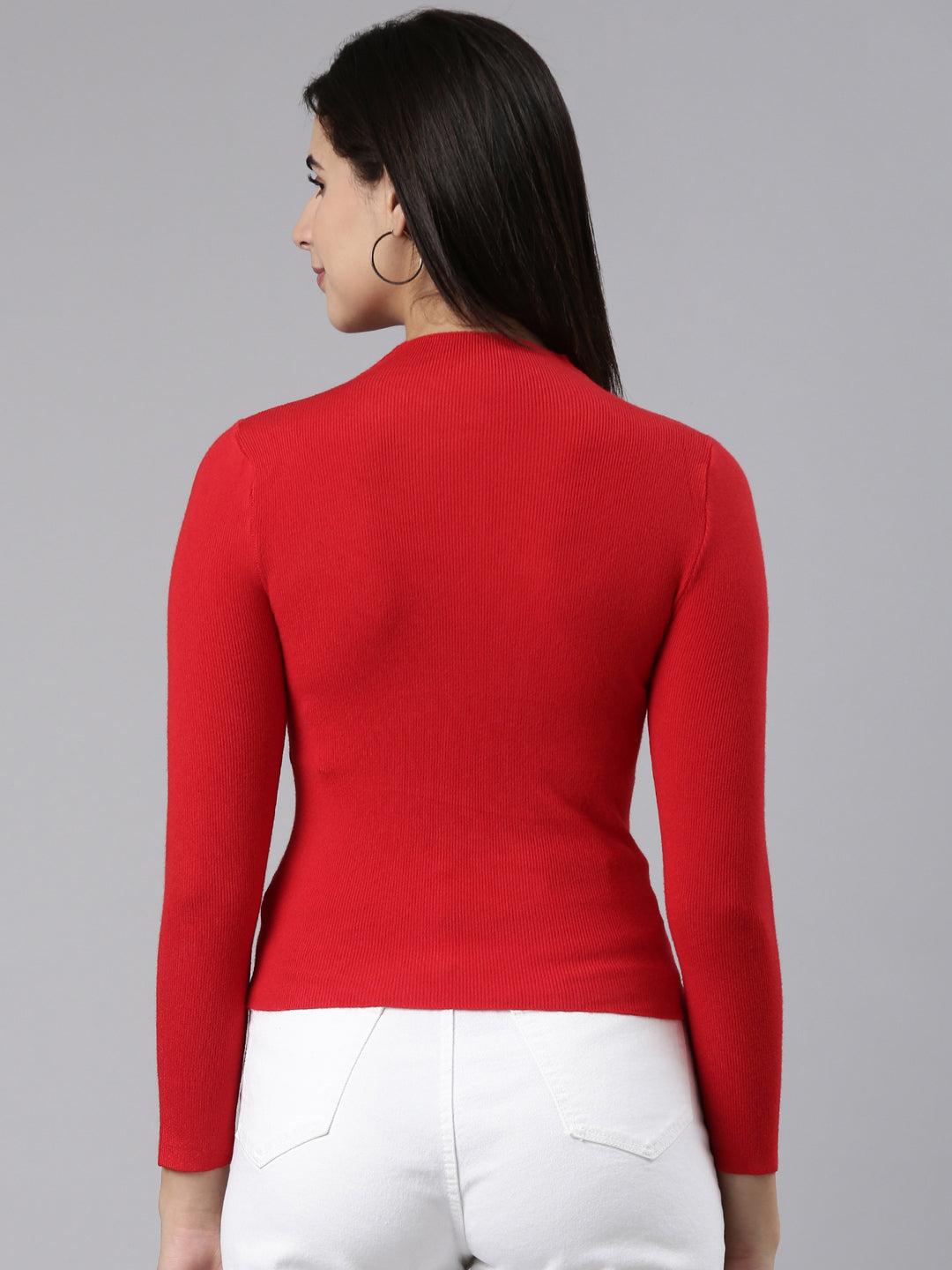 High Neck Solid Regular Sleeves Fitted Red Top