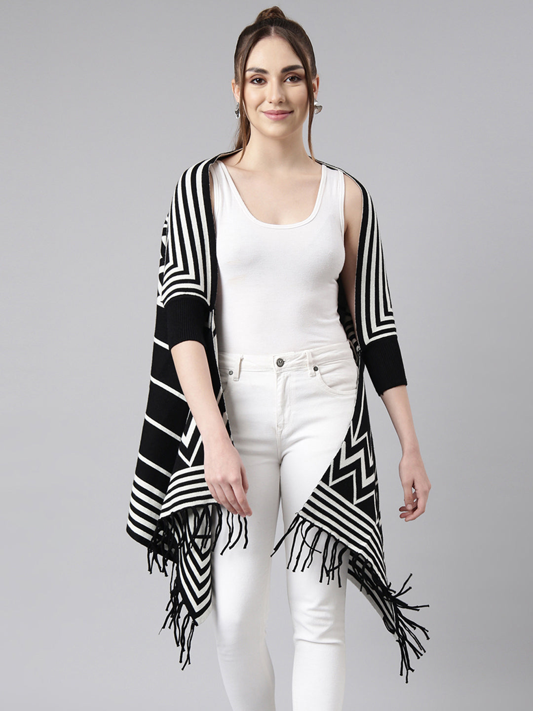 Women Striped Black Longline Poncho