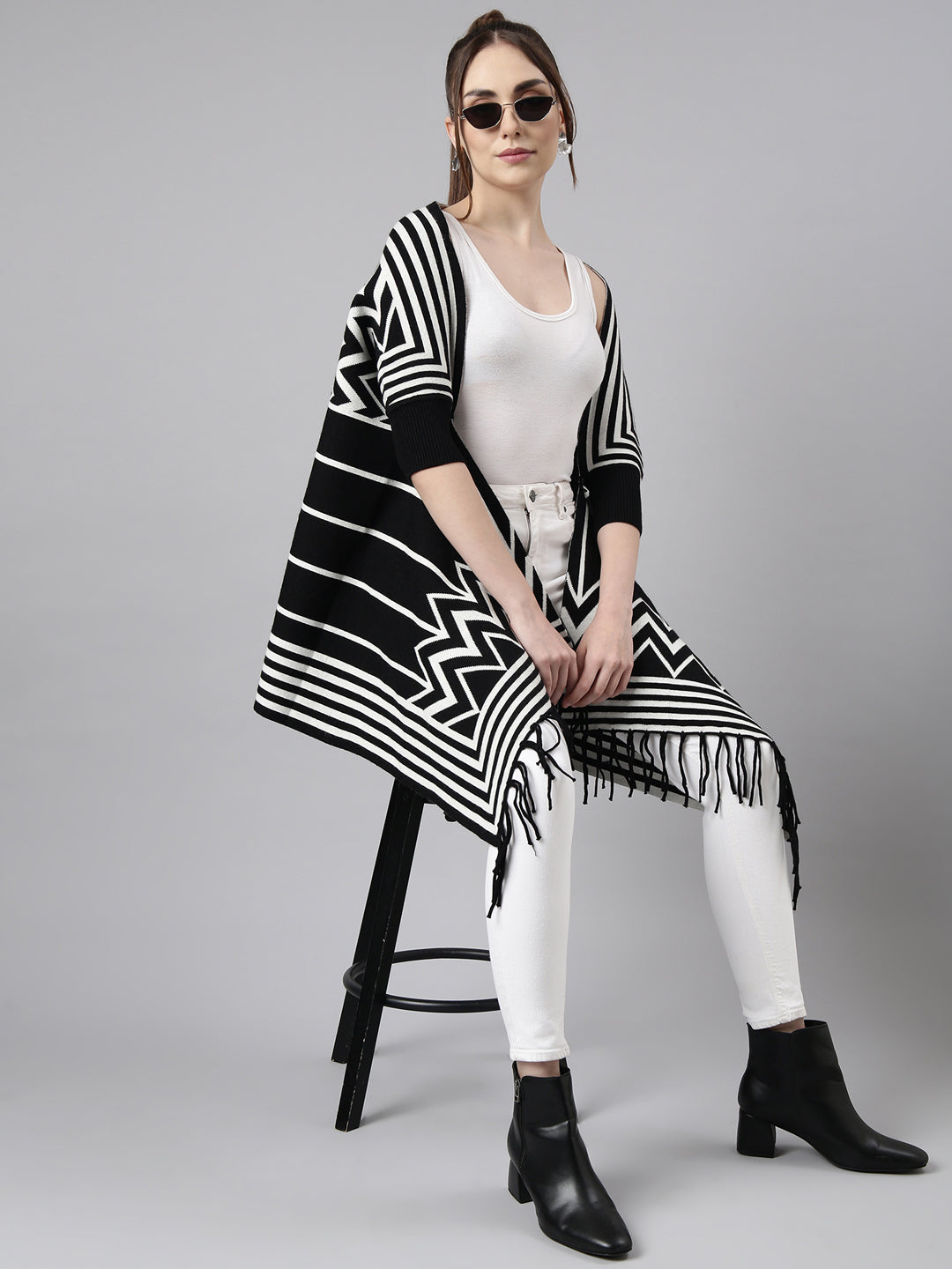 Women Striped Black Longline Poncho