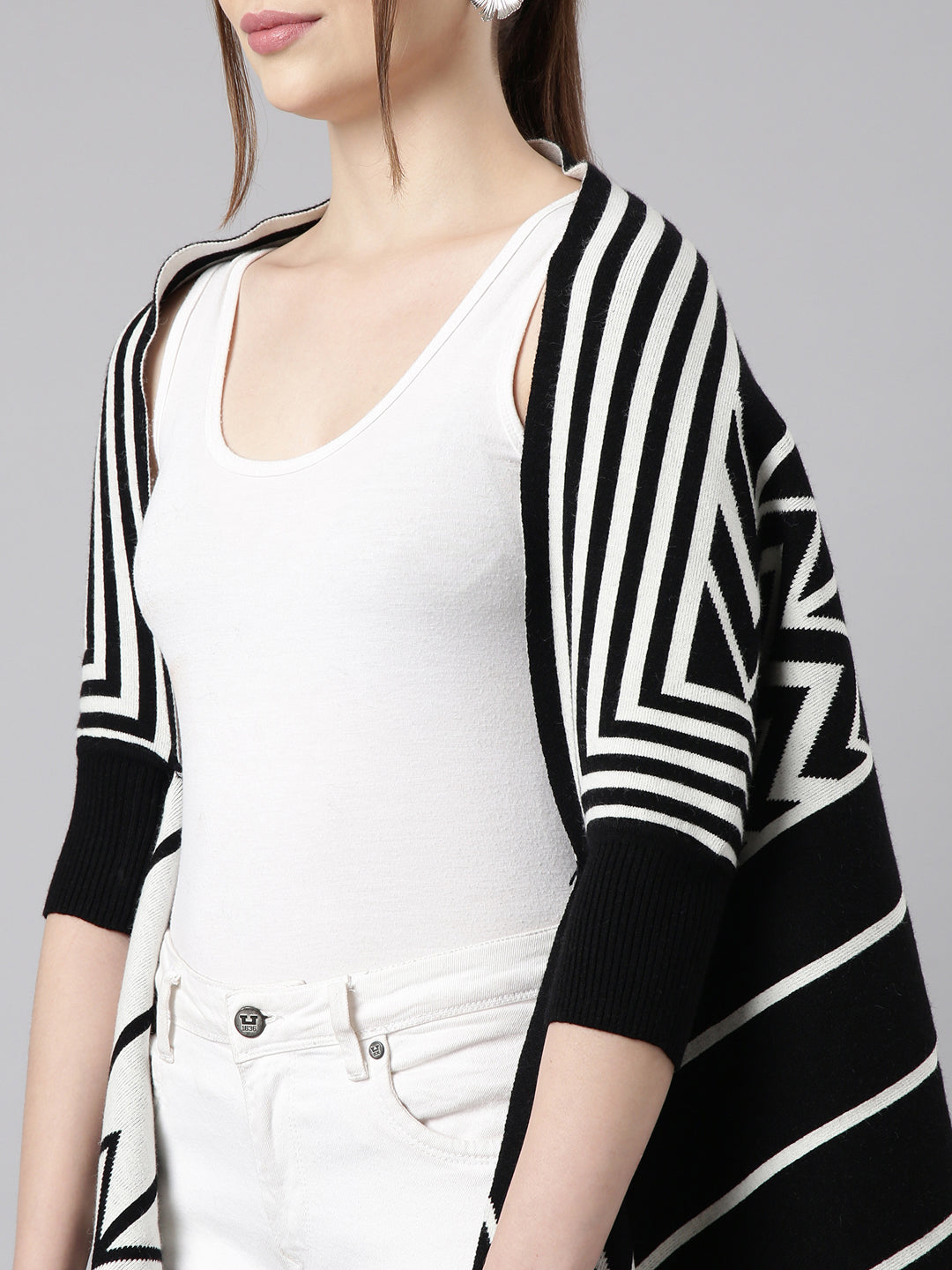 Women Striped Black Longline Poncho