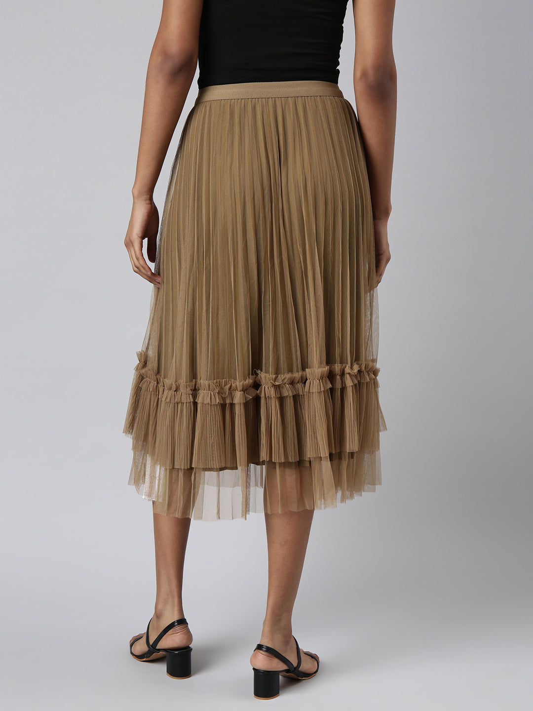 Women Flared Midi Brown Solid Skirt