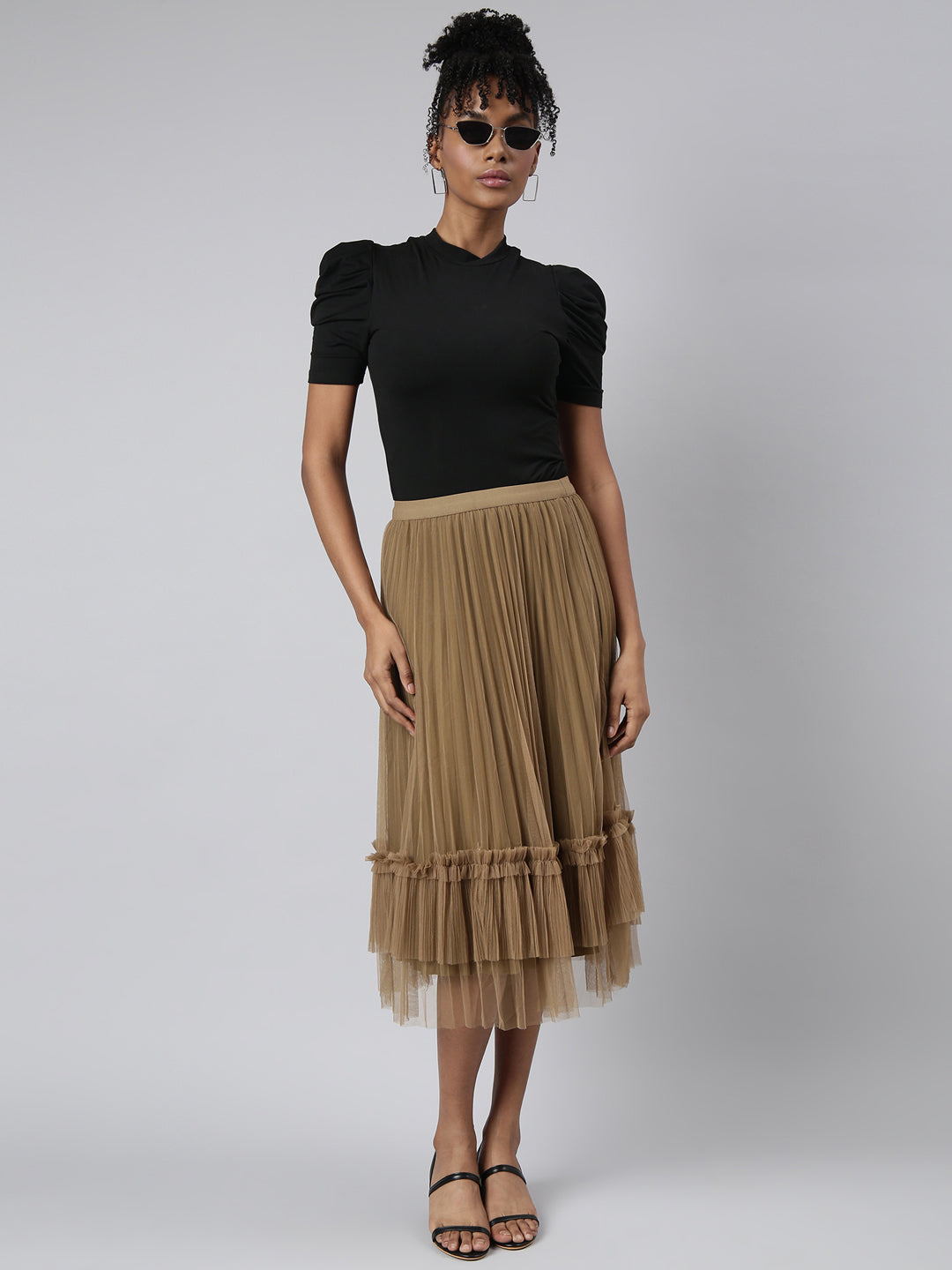 Women Flared Midi Brown Solid Skirt