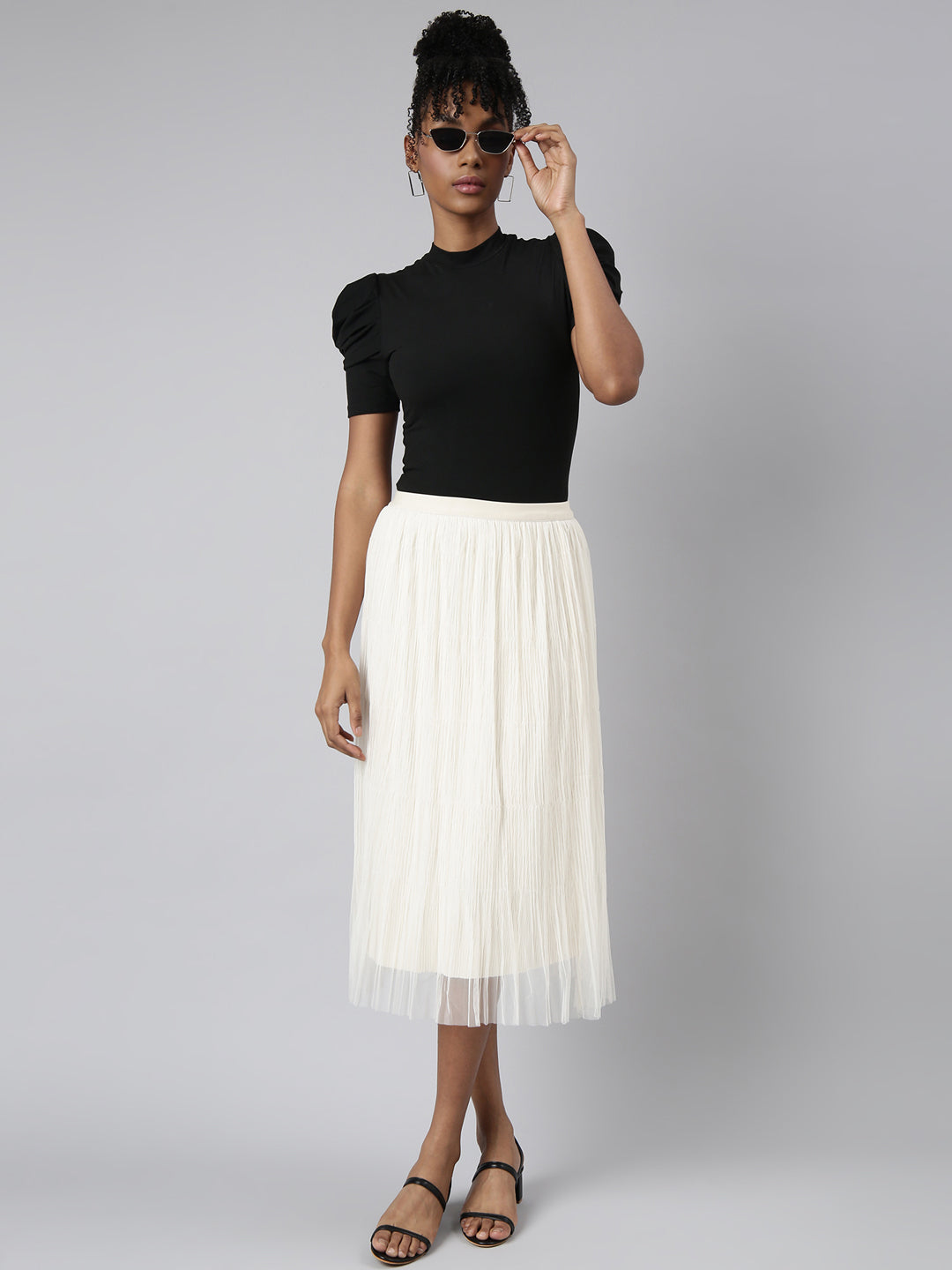 Women Flared Midi Cream Solid Skirt