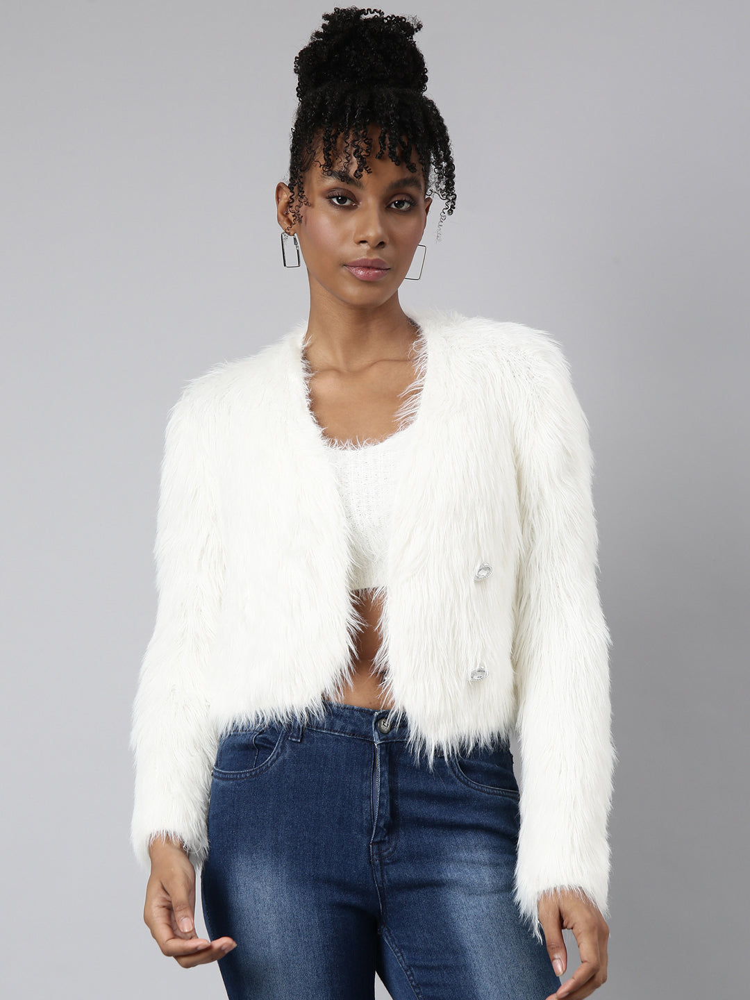 Women Solid Off White Crop Front-Open Sweater