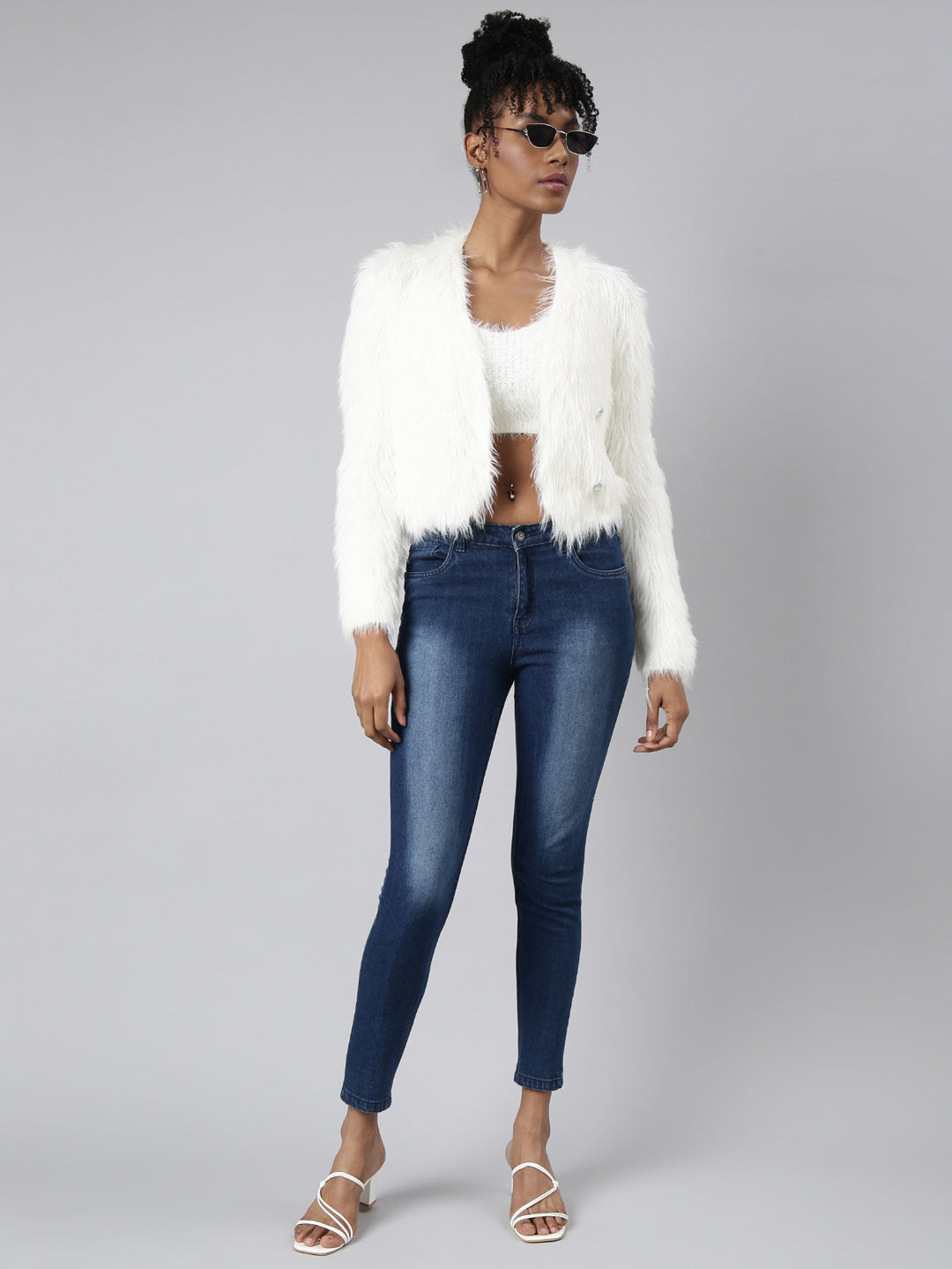 Women Solid Off White Crop Front-Open Sweater
