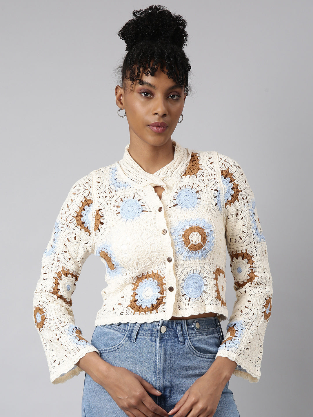 Women Cream Self Design Crochet Top