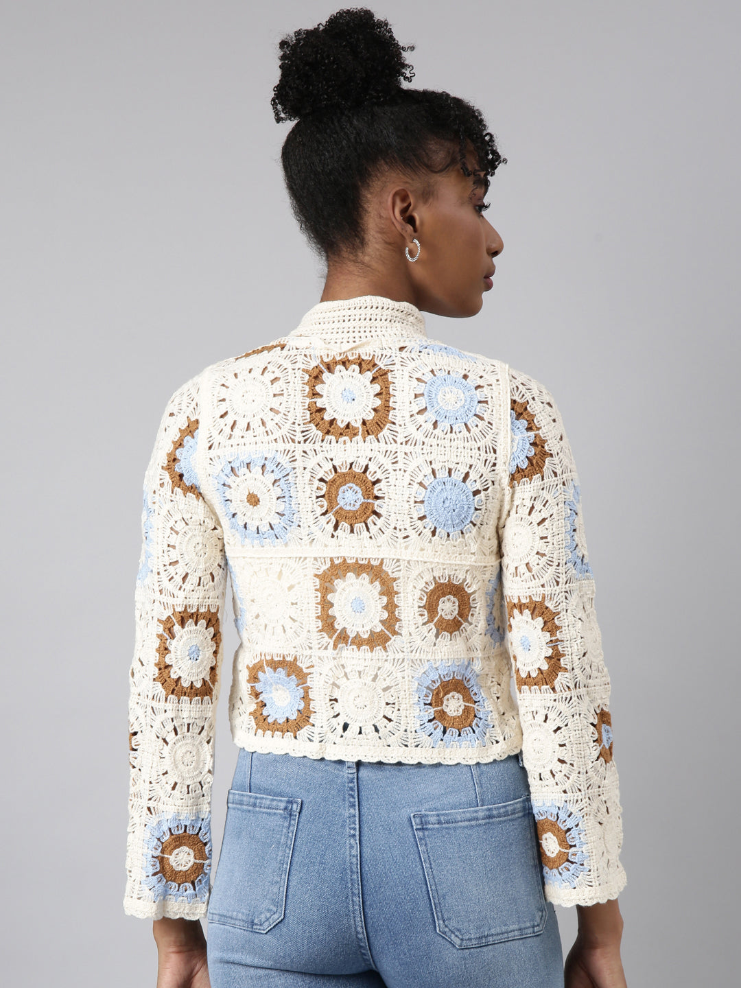Women Cream Self Design Crochet Top