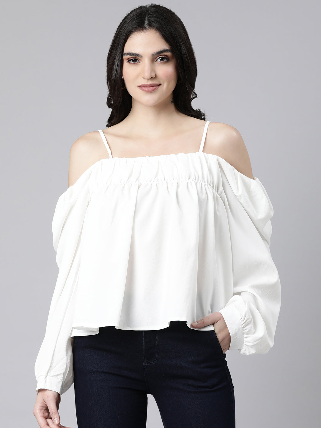 Women Solid Off White Empire Top