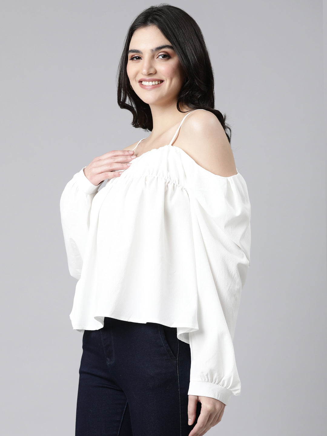 Women Solid Off White Empire Top