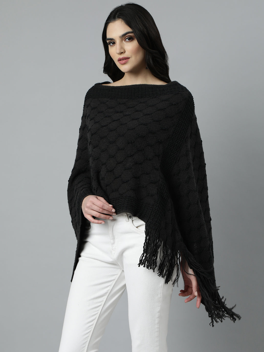 Women Cable Knit Longline Charcoal Poncho