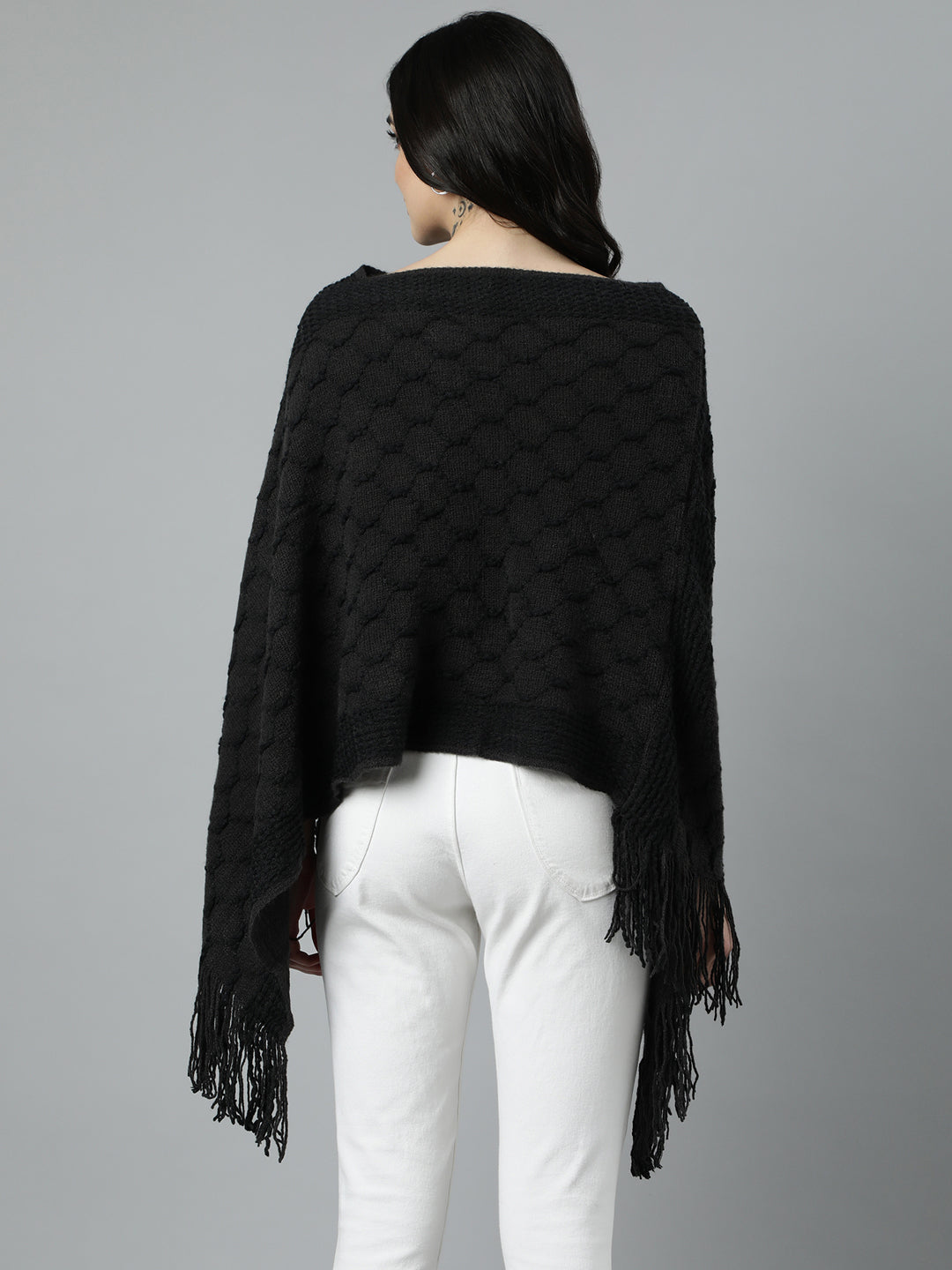 Women Cable Knit Longline Charcoal Poncho