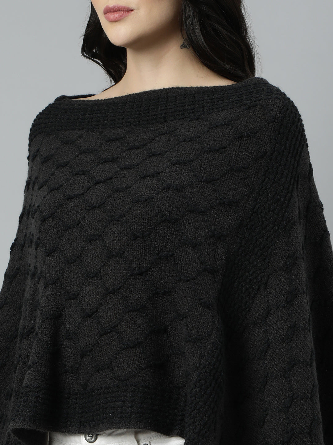 Women Cable Knit Longline Charcoal Poncho