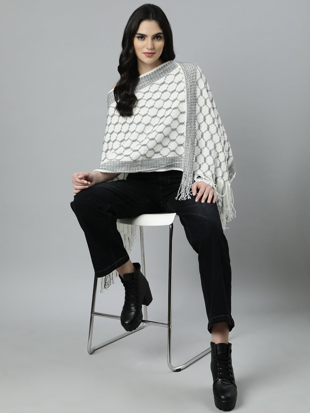 Women Cable Knit Longline Off White Poncho