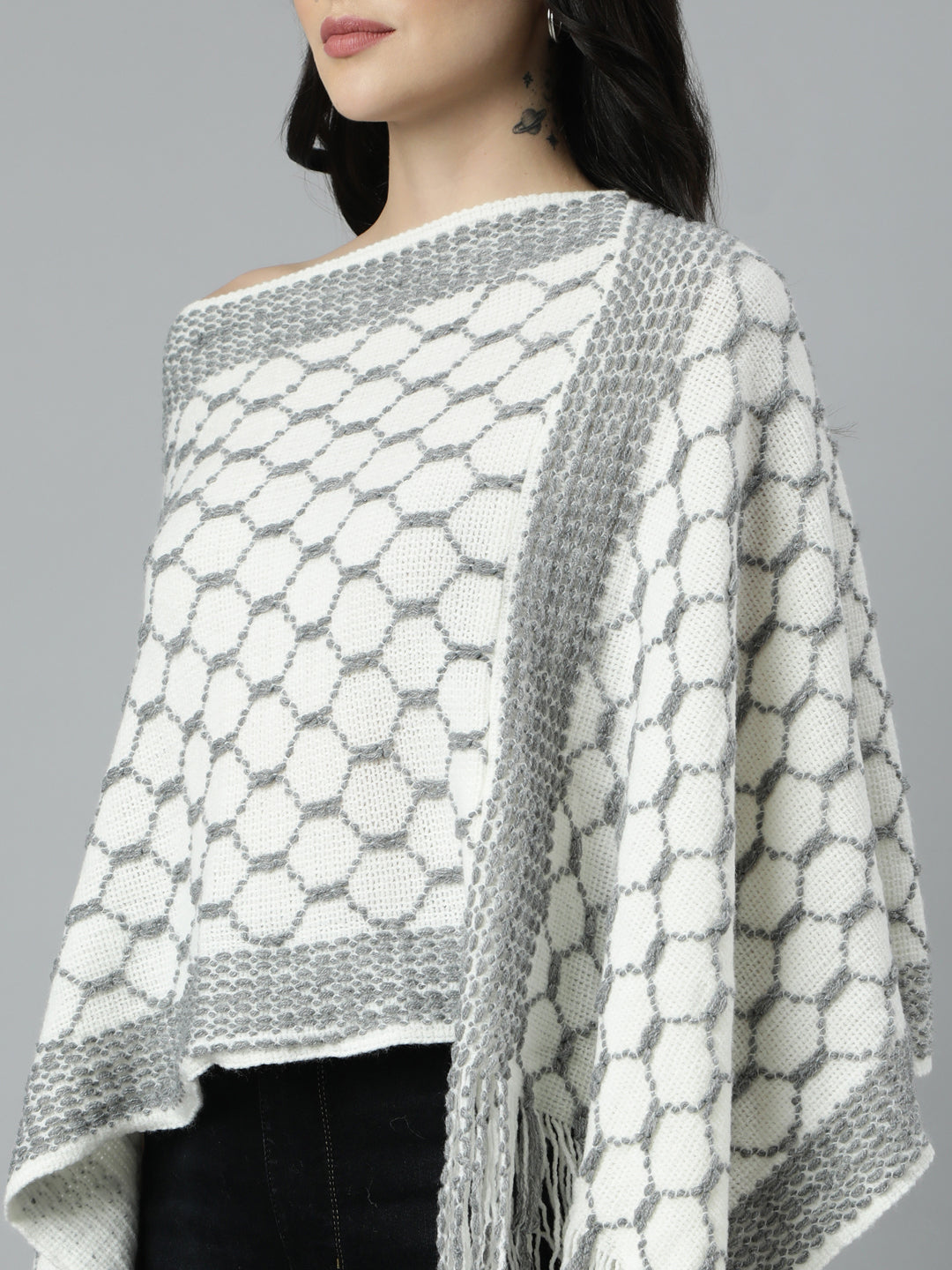 Women Cable Knit Longline Off White Poncho