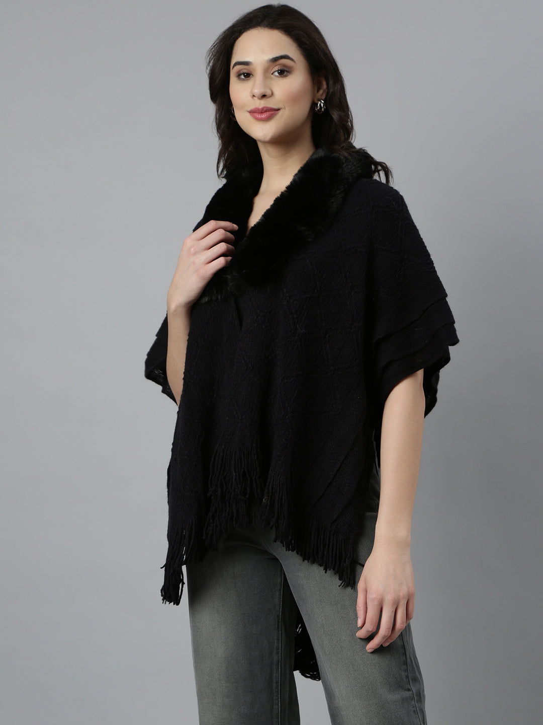 Women Chevron Longline Black Poncho