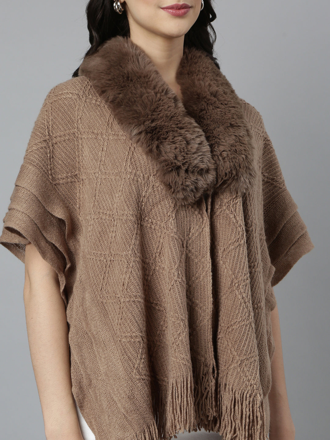 Women Chevron Longline Brown Poncho