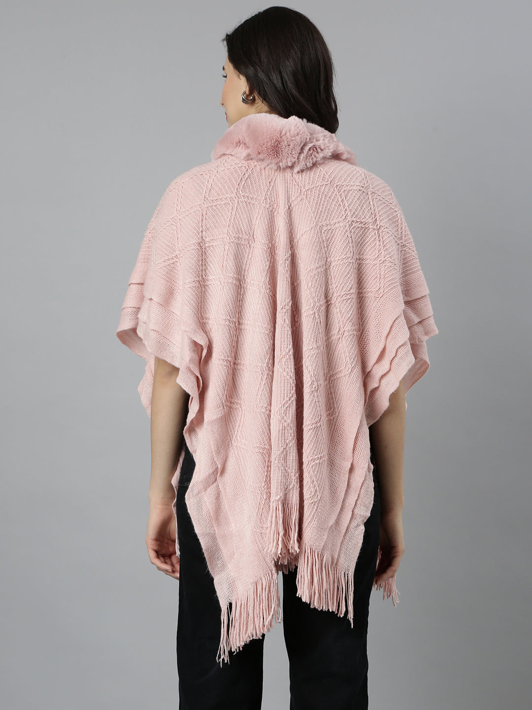 Women Chevron Longline Peach Poncho