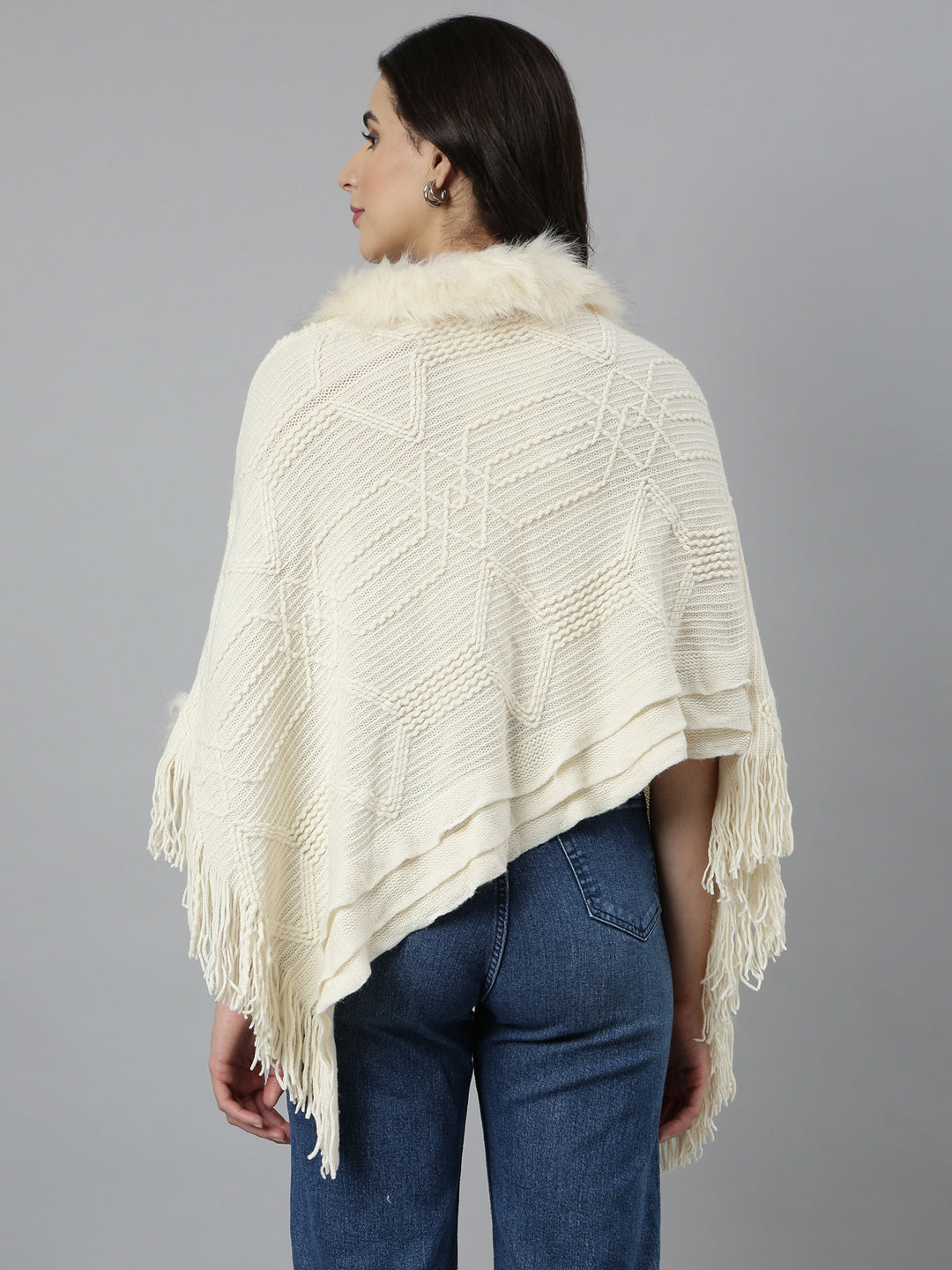 Women Self Design Longline Cream Poncho