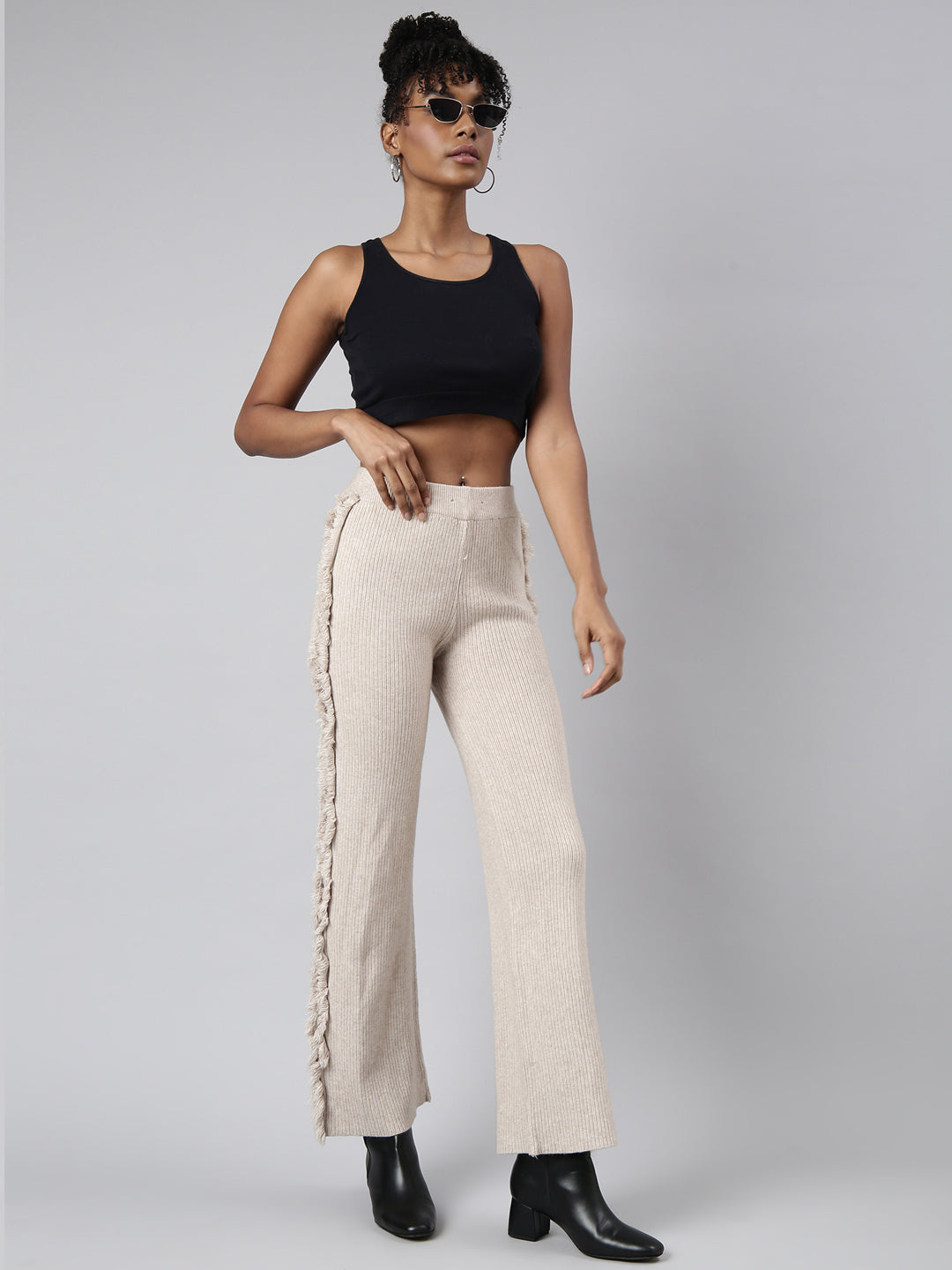 Women Solid Beige Parallel Trousers