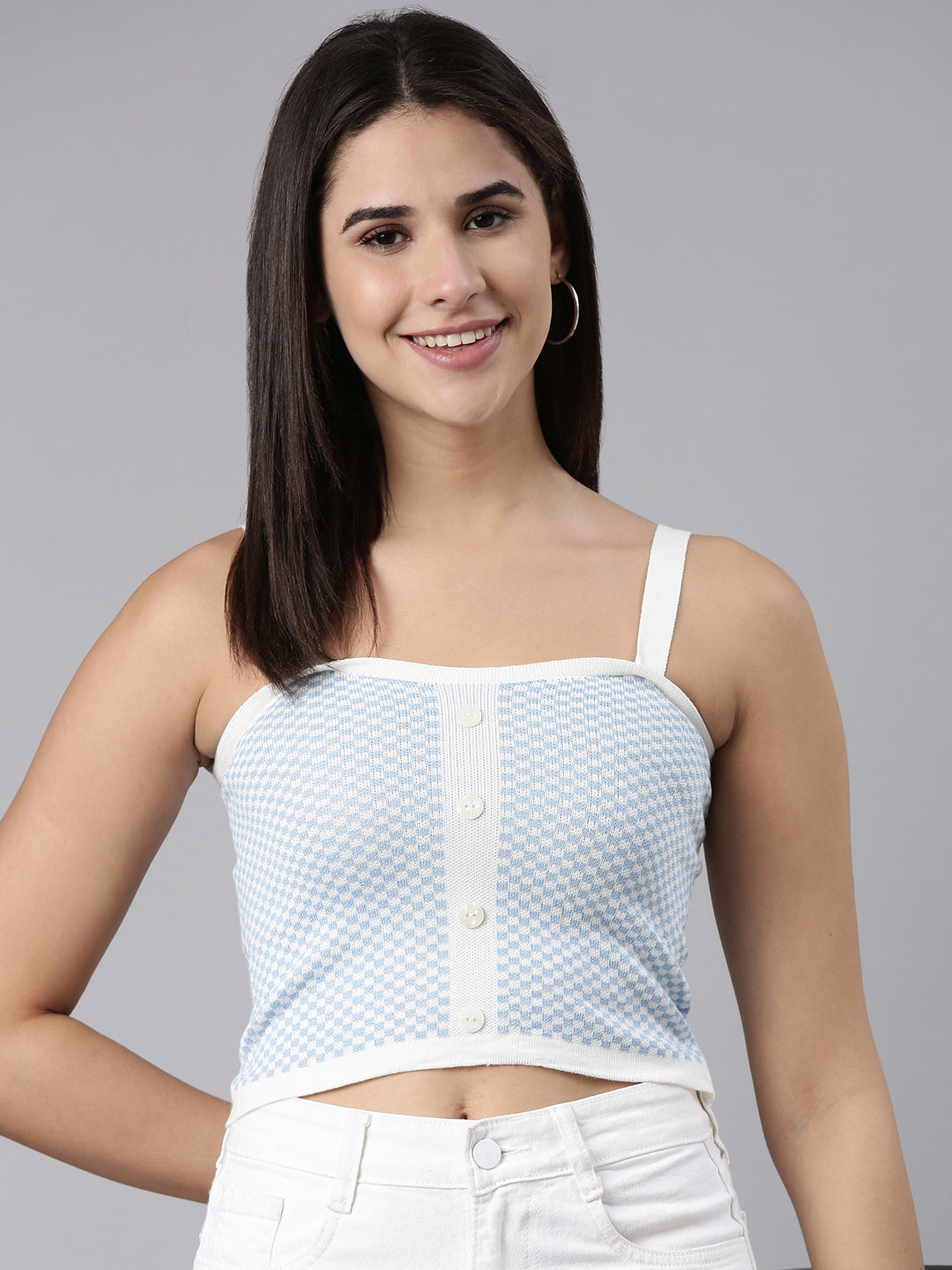 Shoulder Straps Checked Sleeveless Blue Crop Tank Top