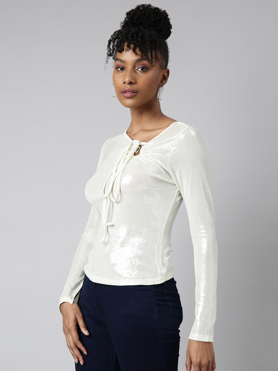 Women White Shimmer Fitted Top
