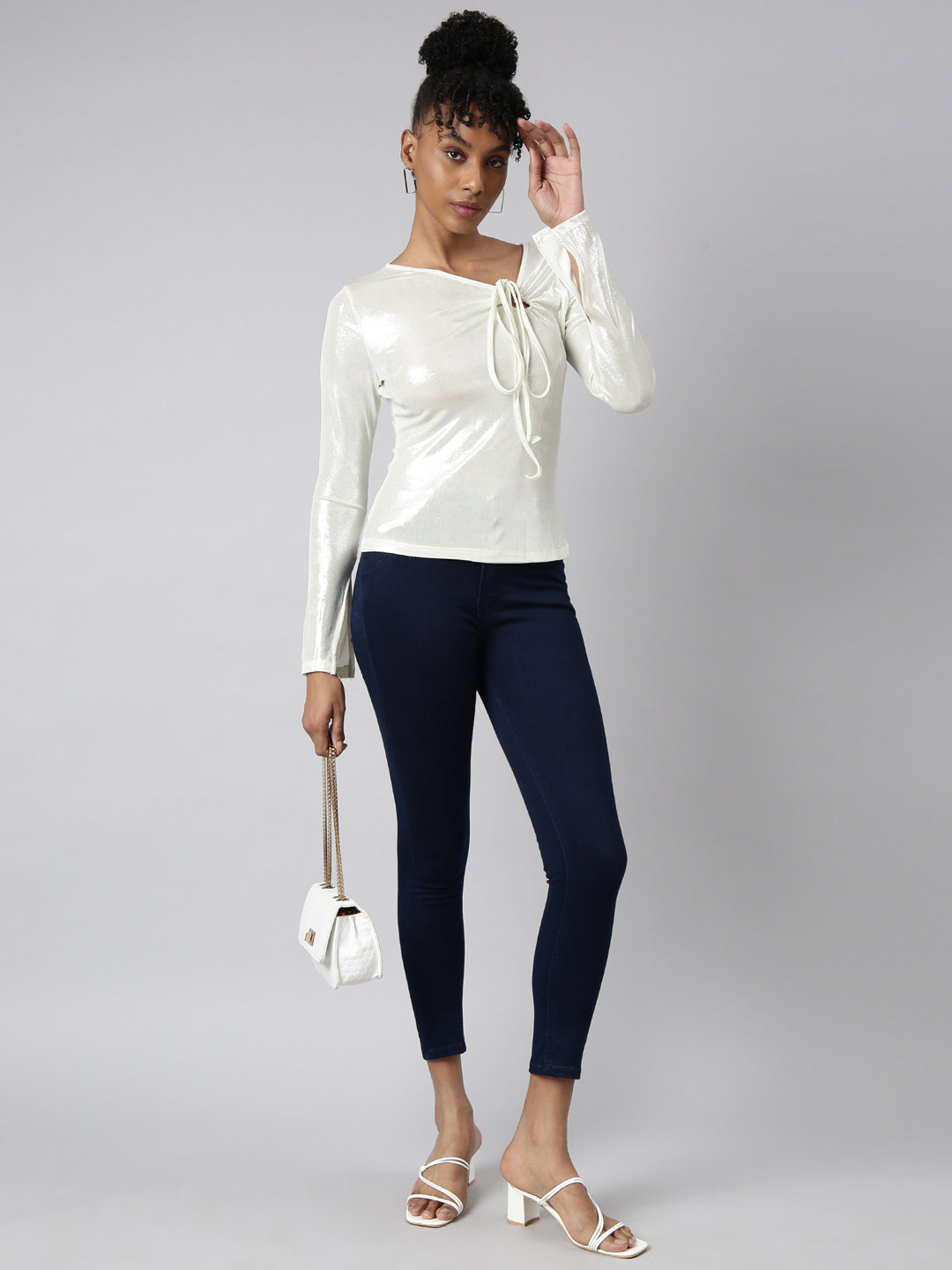 Women White Shimmer Fitted Top