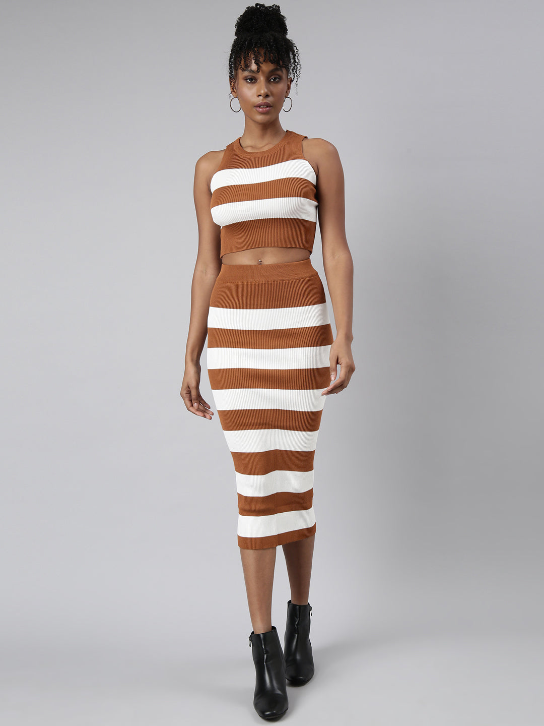 Women Brown Striped Top & Skirt Set