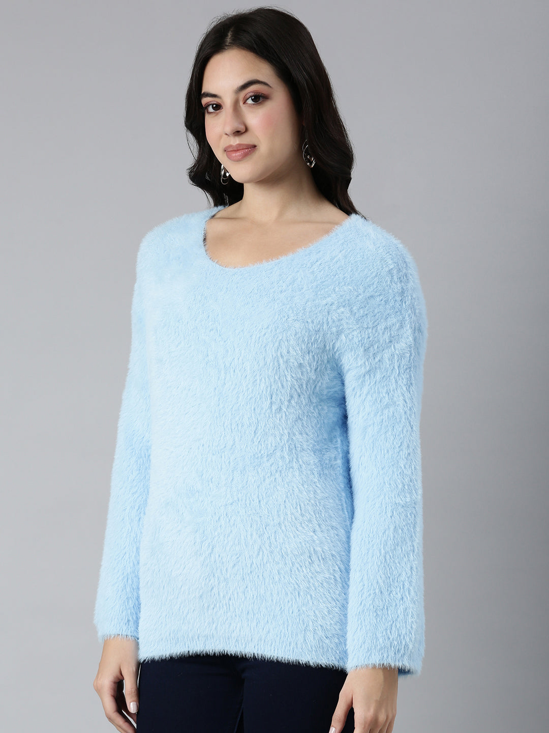 Women Solid Blue Drop Shoulder Pullover